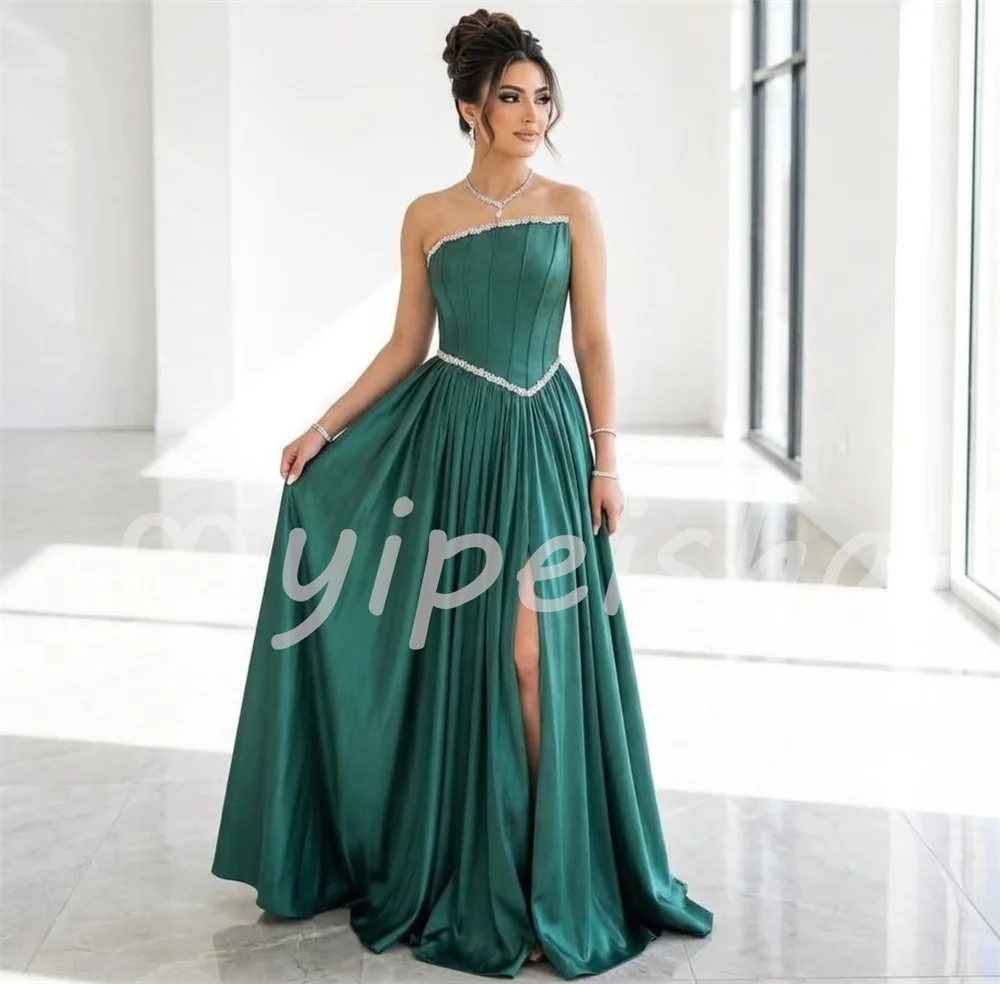 Green Matching Sexy Charmeuse Pleat Beading Sequined A-line Strapless Floor-Length Evening Dresses For Birthday Party Customized