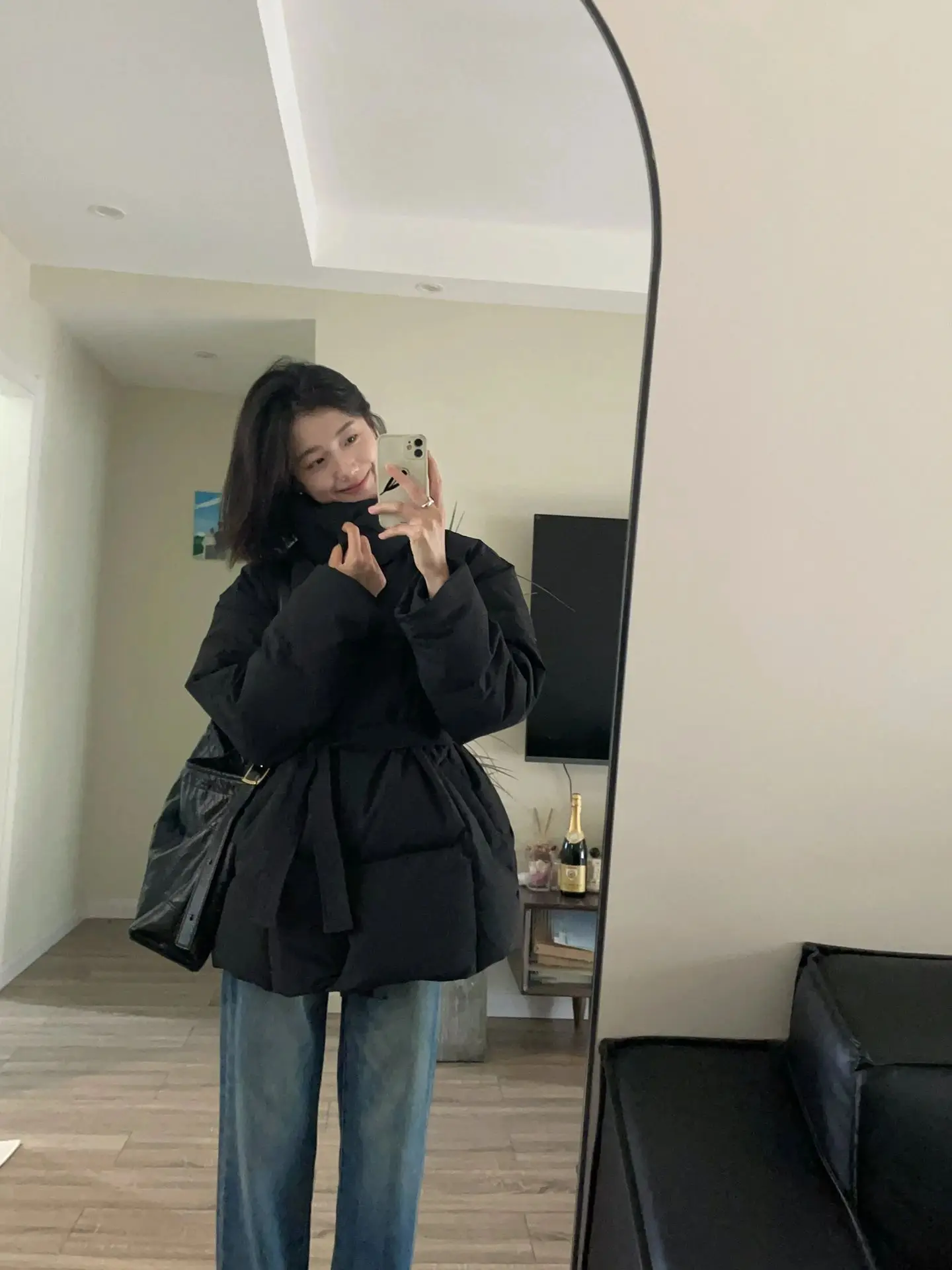 

Корейское женское теплое хлопковое пальто с воротником-стойкой и подкладкой на талии, зимнее пальто с поясом