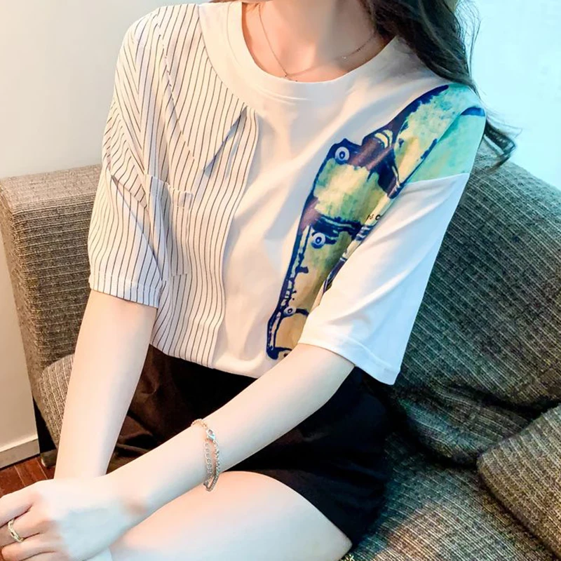 

Contrast striped short-sleeved T-shirt women's summer 2024 new fashion print design sense niche chiffon round neck shirt