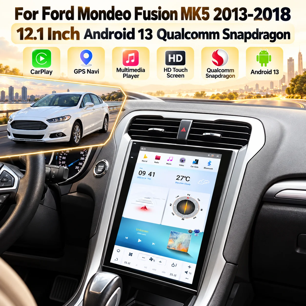 CarPlay GPS Navigation Qualcomm Snapdragon Android 13 Car Radio For Ford Mondeo Fusion MK5 2013-2018 12.1