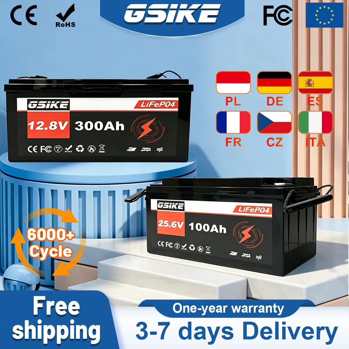 Akumulator LiFePO4 GSIKE 25.6V 100Ah 12.8V 300Ah z BMS, akumulator litowo-żelazowo-fosforanowy o głębokim cyklu rozładowania do systemów solarnych, kamperów, łodzi, wózków golfowych, systemów