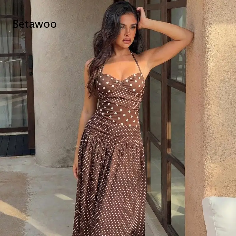 Women's Crochet Knit Halter Neck Maxi Dress Sleeveless Openwork Backless Long Dress Summer Beach Party Evening Wear