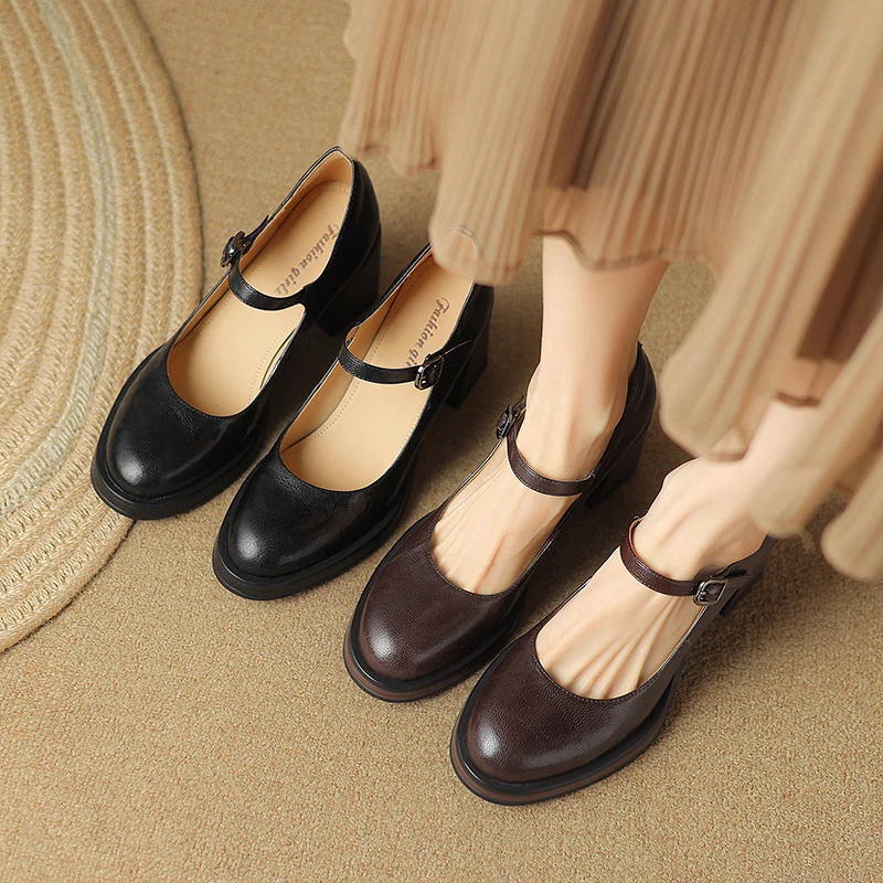 Scarpe Mary Jane con punta tonda e plateau con tacco grosso in vera pelle con cinturino con fibbia, stile retrò per donna