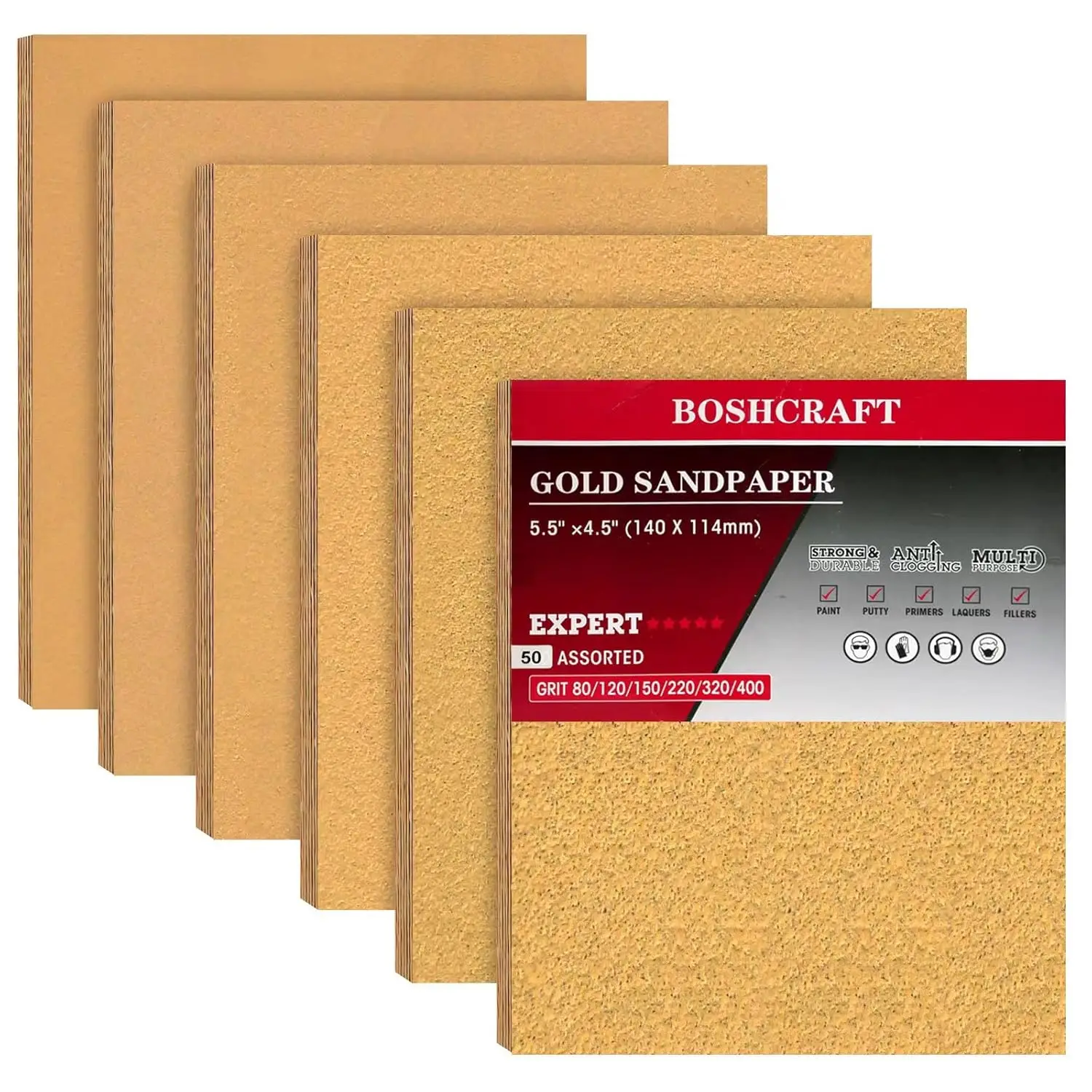 

50 Pcs 1/4 Sheet Sandpaper Assortment 80/120/150/220/320/400 Grit for Wood Metal Automotive Palm Sanders 5.5x4.5 Inches