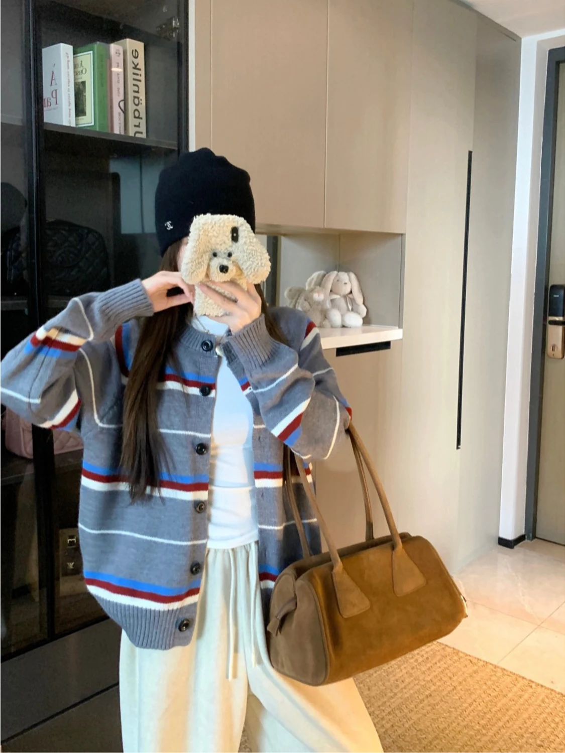 American Retro Striped Knitted Open Cardigan Women's Loose Fit Autumn Winter New Sle Lazy Faion Slimming Sweater Jaet