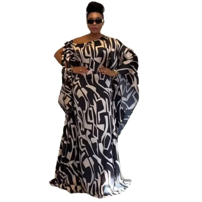 

Fashion Print Skew Collar Loose Black Maxi Dress for Women Elegant Spring Dashiki Muslim African Club Party Vestidos 2025