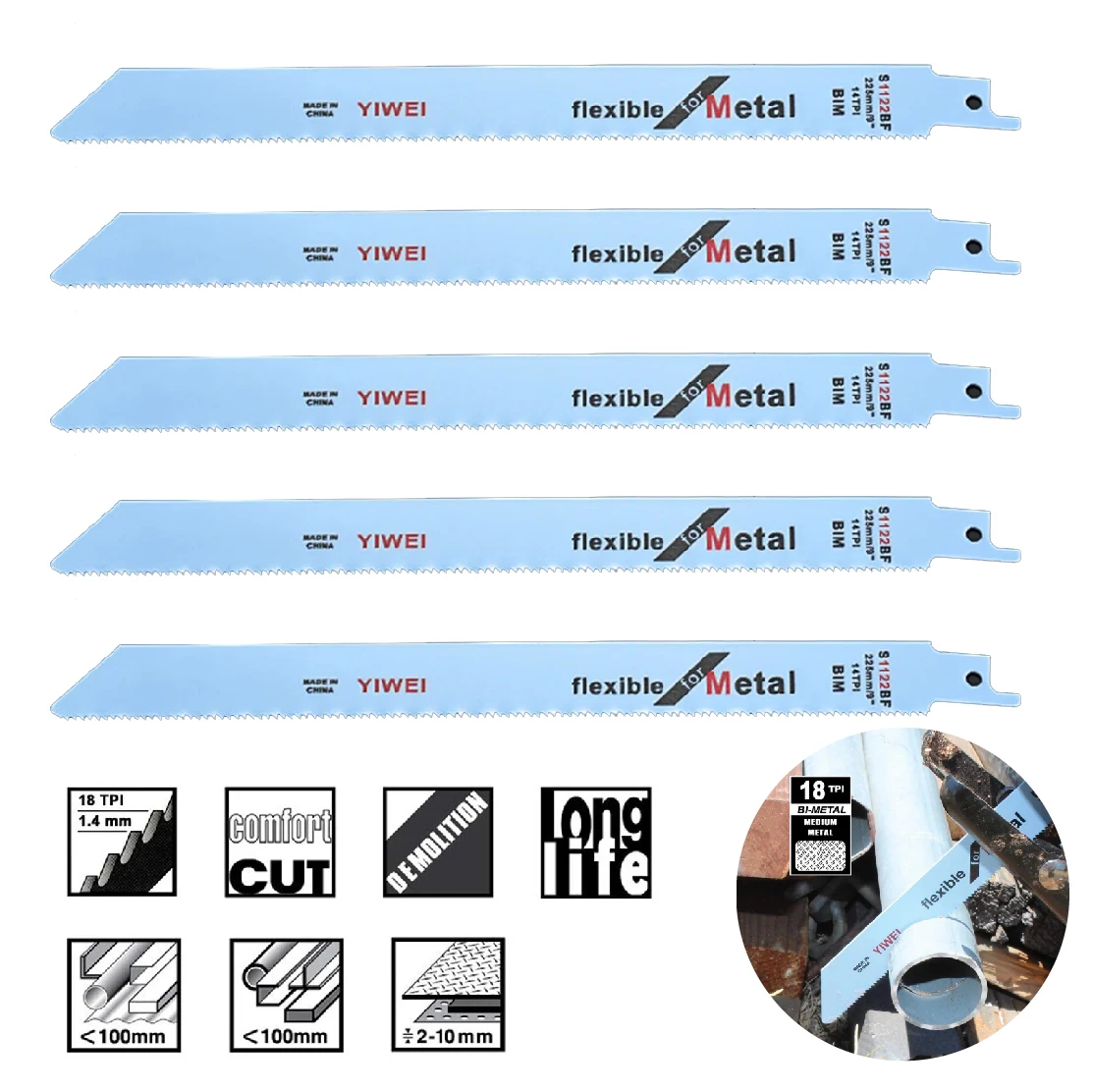 

1/5pcs Heavy Duty Metal Cutting Reciprocating Saw Blades, 150/200/225mm Bi-Metal Saw Blade for Thick Metal Fast Straight Cutting