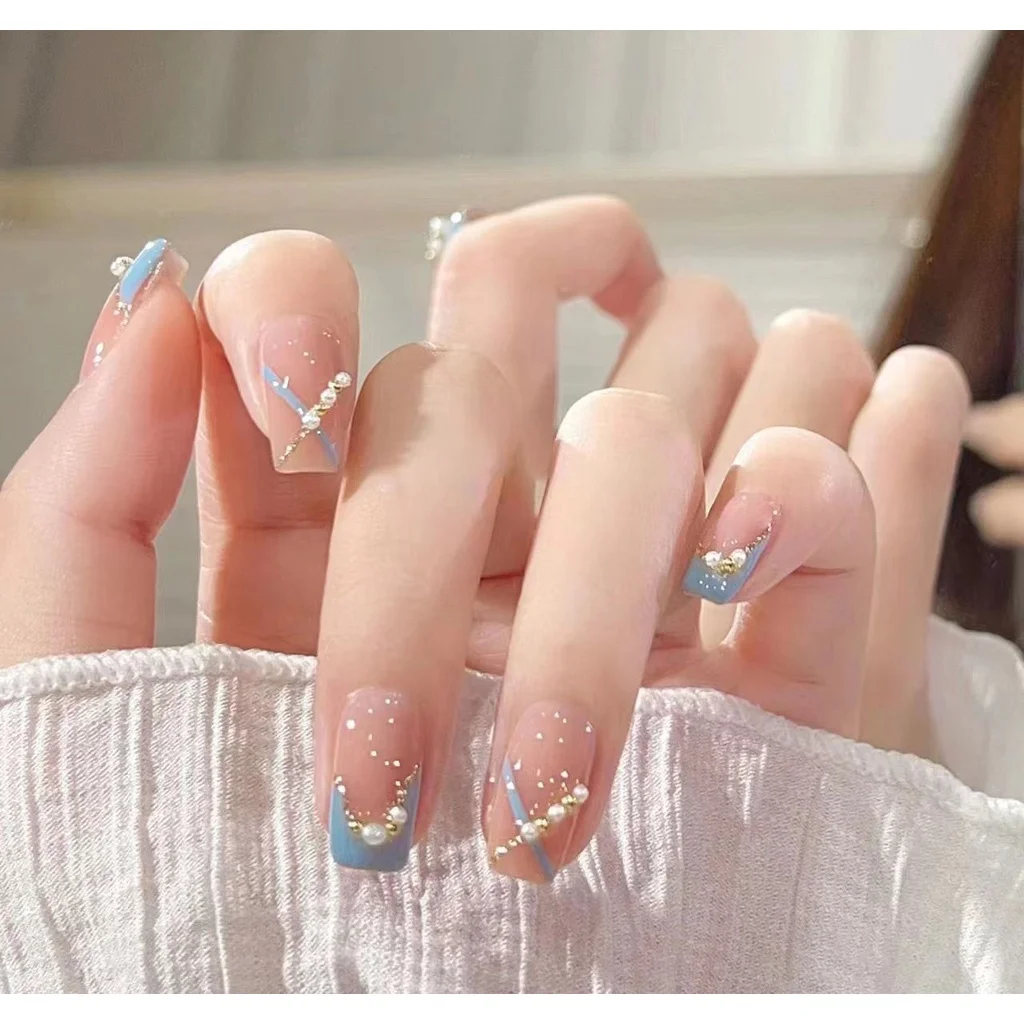 

Gentle Light-colored French Handmade Manicure Simple Wear Nail Pearl False Nail Patches Gorgeous Elegant Manicure