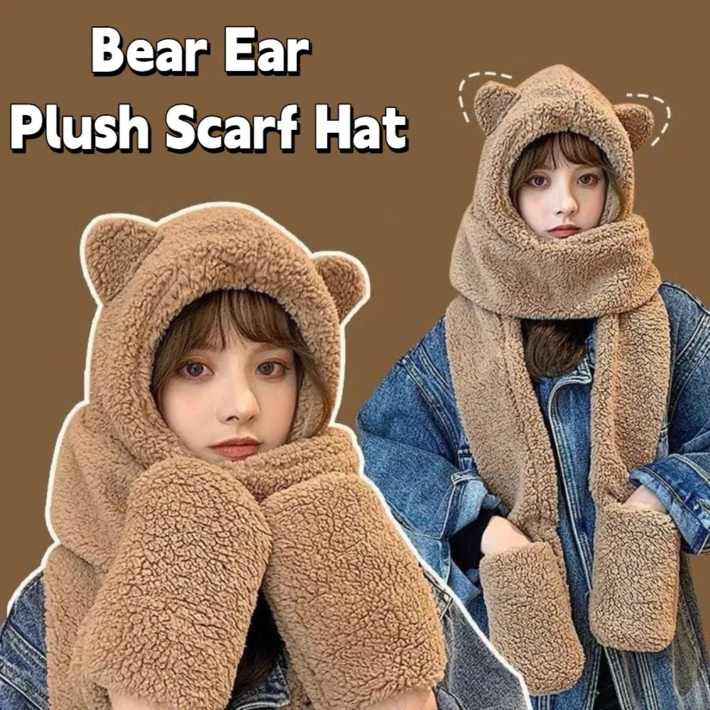 

Sweet 3 in 1 Bear Ear Plush Beanie Thickened Earmuffs Plush Scarf Hat Gloves Ear Protection Warm Fleece Scarves Hat Girl