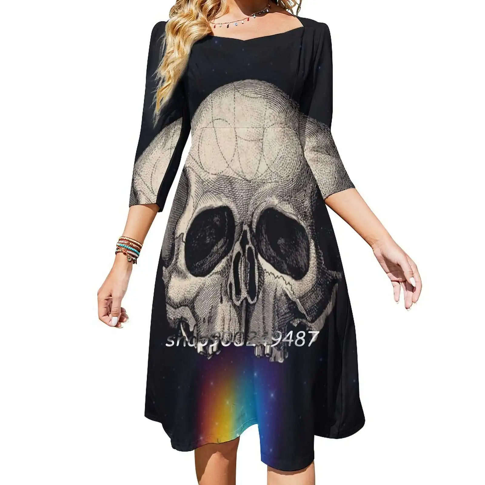 Iridescent Oblivion Sweetheart Knot Flared Dress Fashion Design Large Size Loose Dress Astronaut Space Stars Cosmos Skull Death