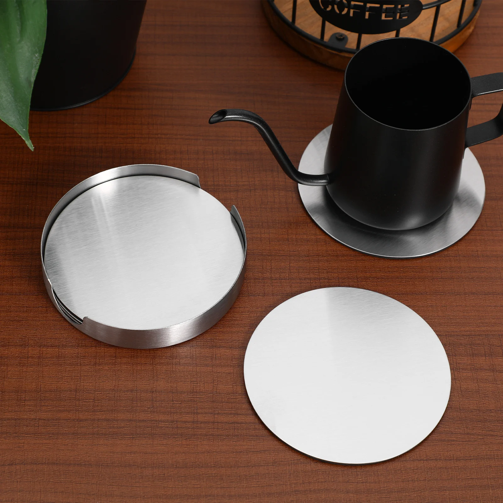 

6 Pcs Stainless Steel Cup Coasters Round 10X10cm Non Slip Table Placemats with Holder Silver Drink Mats for Home Kitchen