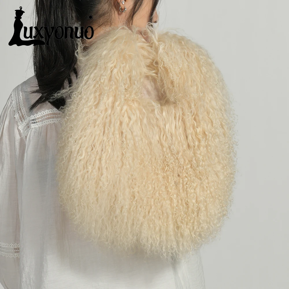 

Luxyonuo Women's Natural Mongolian Fur Clutch Bag Ladies Fashion Real Fur Handbag Winter Casual Fluffy Shoulder Bags New Arrival