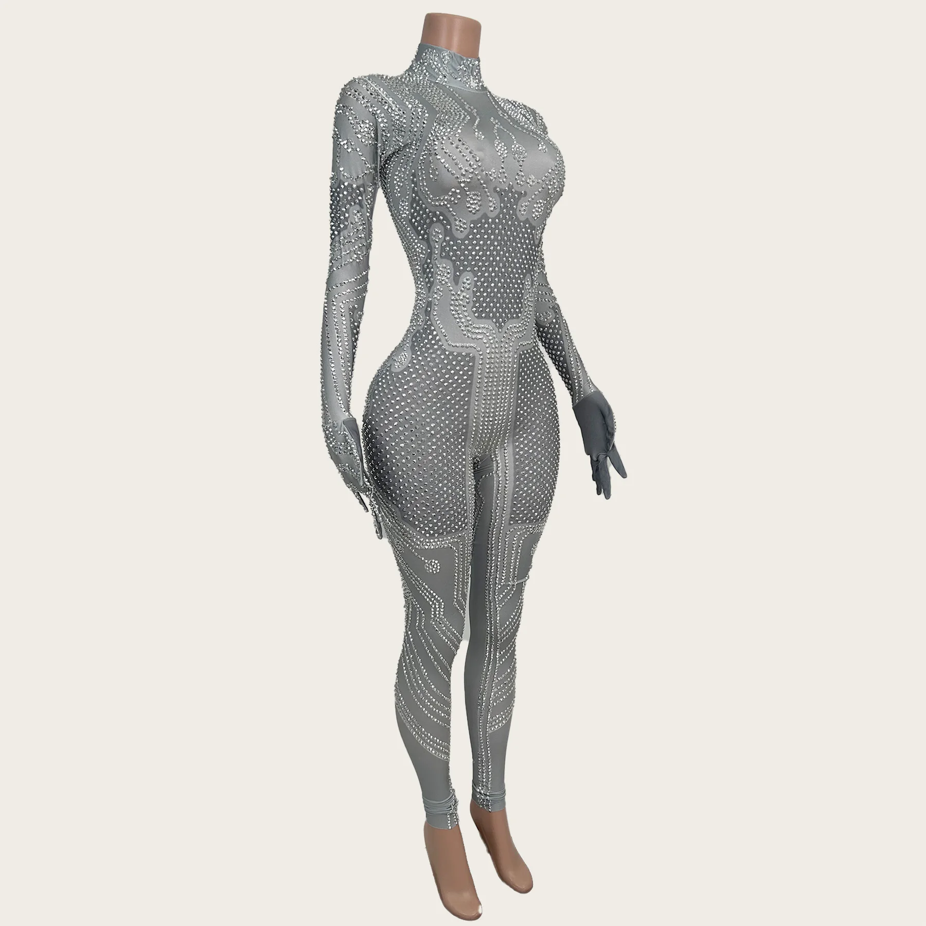 

Костюм-комбинезон с длинными рукавами из спандекса, облегающий, серебристый, с блестящими стразами, для выступлений дрэг-квин, исполнителей, певцов, Dianlu