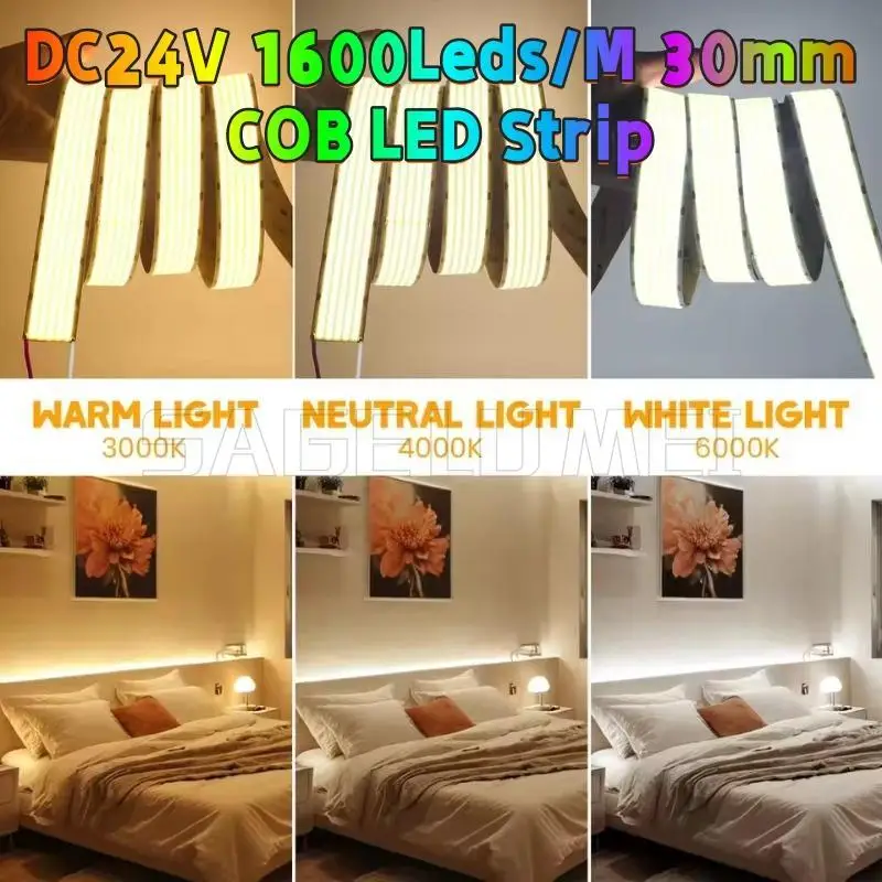 

DC24V 1600Leds/M 30mm COB LED Strip Light High Density Super Bright 5 Rows Flexible Dimmable RA90 Led Lighting 3000K 4000K 6500K