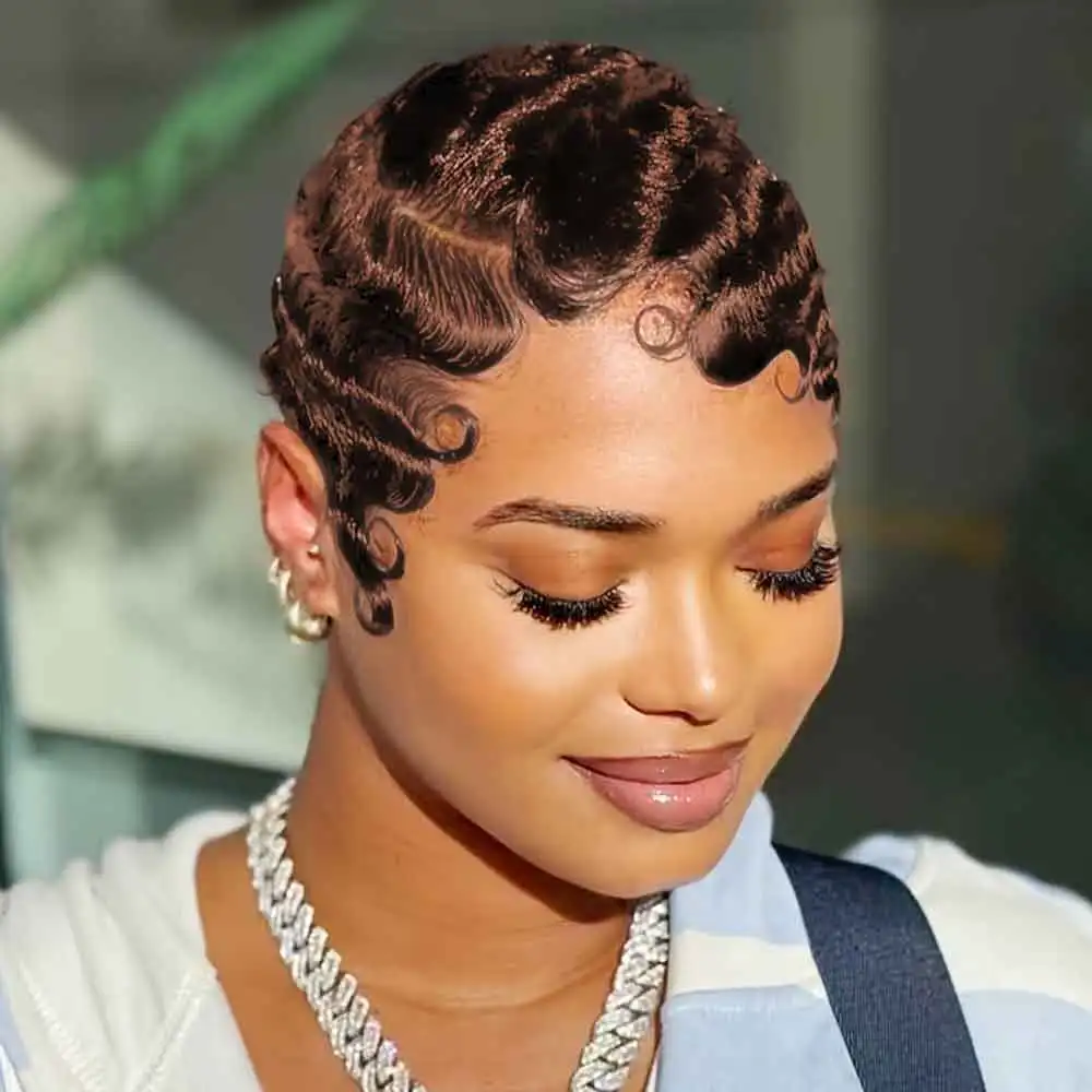 

100% перуанские необработанные человеческие волосы Remy, парик с стрижкой пикси, коричневый волнистый палец, 13x4, прозрачный кружевной фронтальный парик для женщин