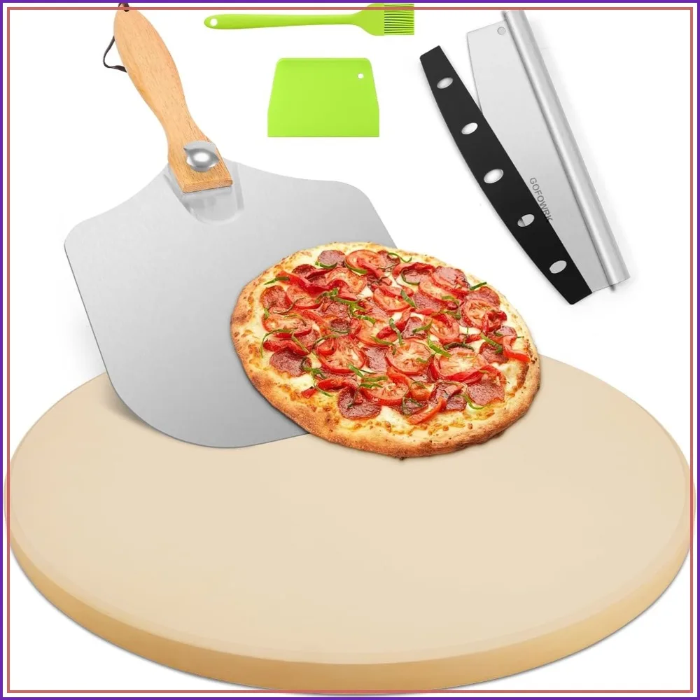 

15 Inch Large Round Pizza Stone Set for Oven & Outdoor Grill with Metal Pizza Peels & Cutter Rocker, 0.6'' Thickened Stone