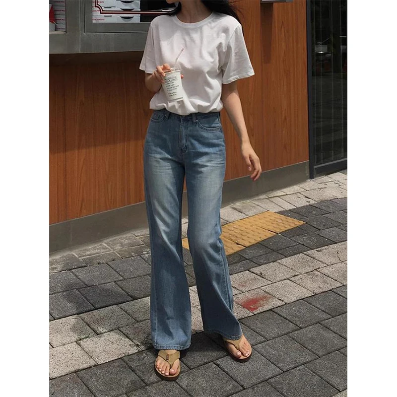 

Faionable High Waist Bell Bot Jeans Women's Distred Versatile Spring Denim Blue Color Selfwill Brand