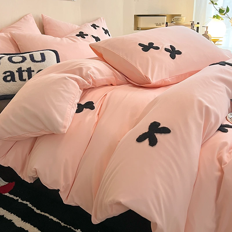 INS Pink Bowknot Bedding Set Flat Bed Sheet Pillowcase Twin Full Queen Size Bed Linen Women Girls Duvet Cover No Filling