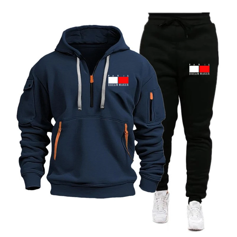 Men\'s Tracksuit Hooded Sweatshirt+Sweatpants 2 Pcs Sets Sports Suit Casual Jogger Sportswear 2 Piece Male Fleece Streetwear Sets