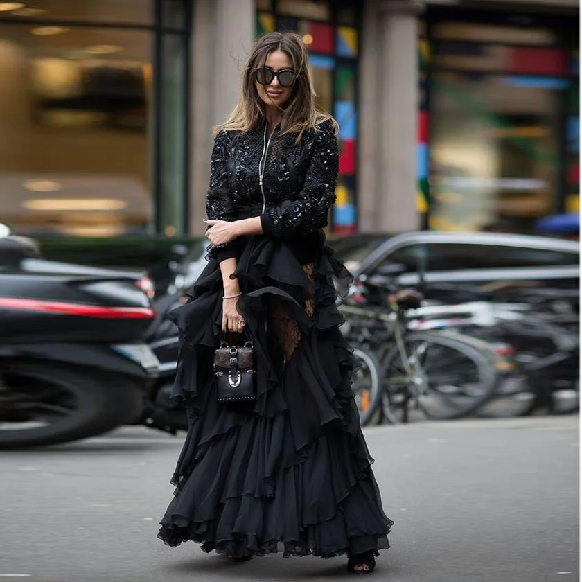 Trendy Black Ruffled Tiered Long Chiffon Skirts Women Elastic A-line Floor Length Maxi Skirt Female Saias