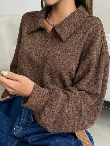 Brown Polo Neck Drop Shoulder Knit Pullover with Half Zip, Long Sleeve Fall Top for Women
