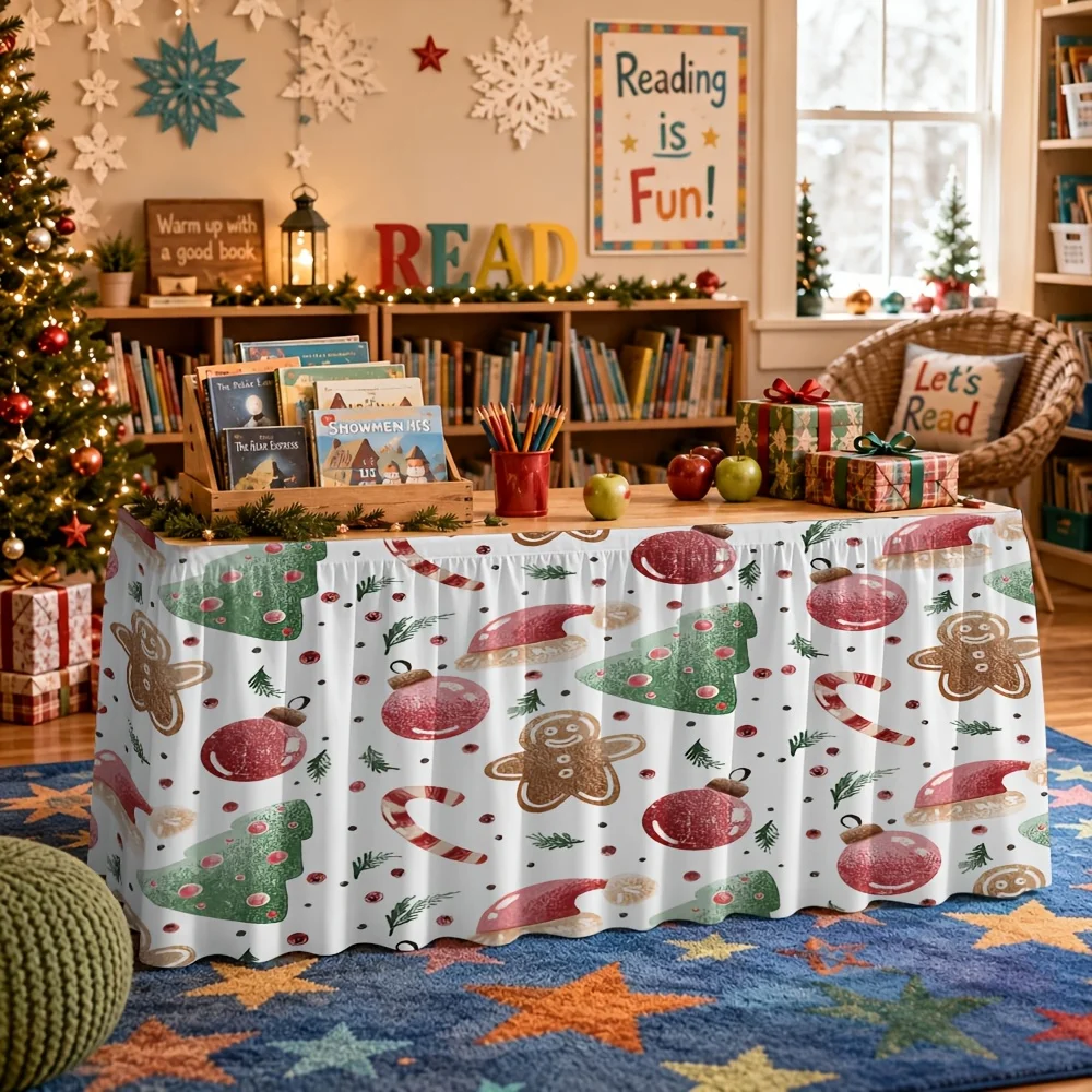 1-Pack, Christmas Day pattern printed tablecloth table skirt, suitable for party events, kitchen and restaurant decoration