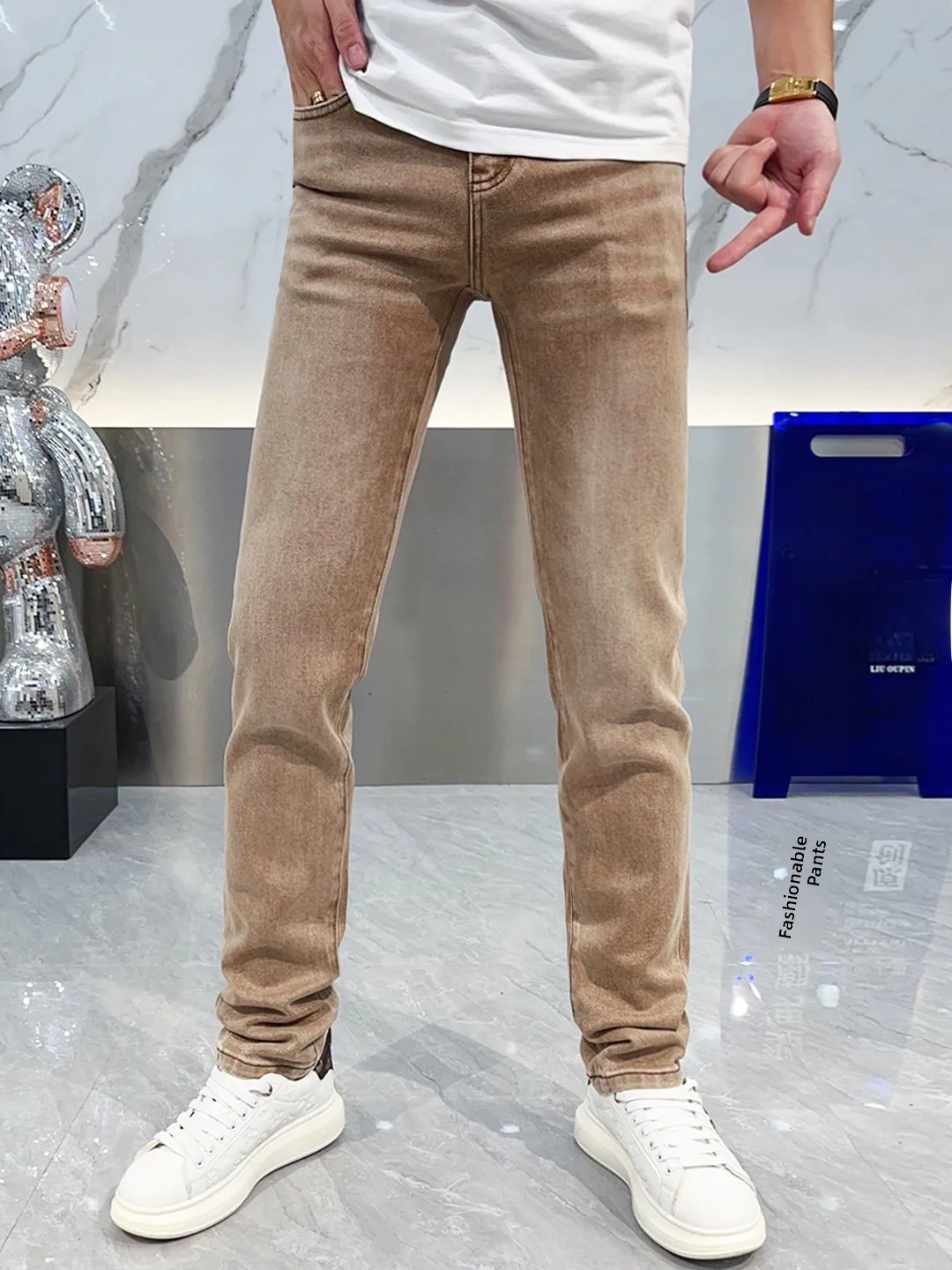 

Khaki Color Men's Retro Washed Stretchy Slim Fit Jeans Autumn Winter Fashionable All-Match Korean Version Elastic Ankle Pants