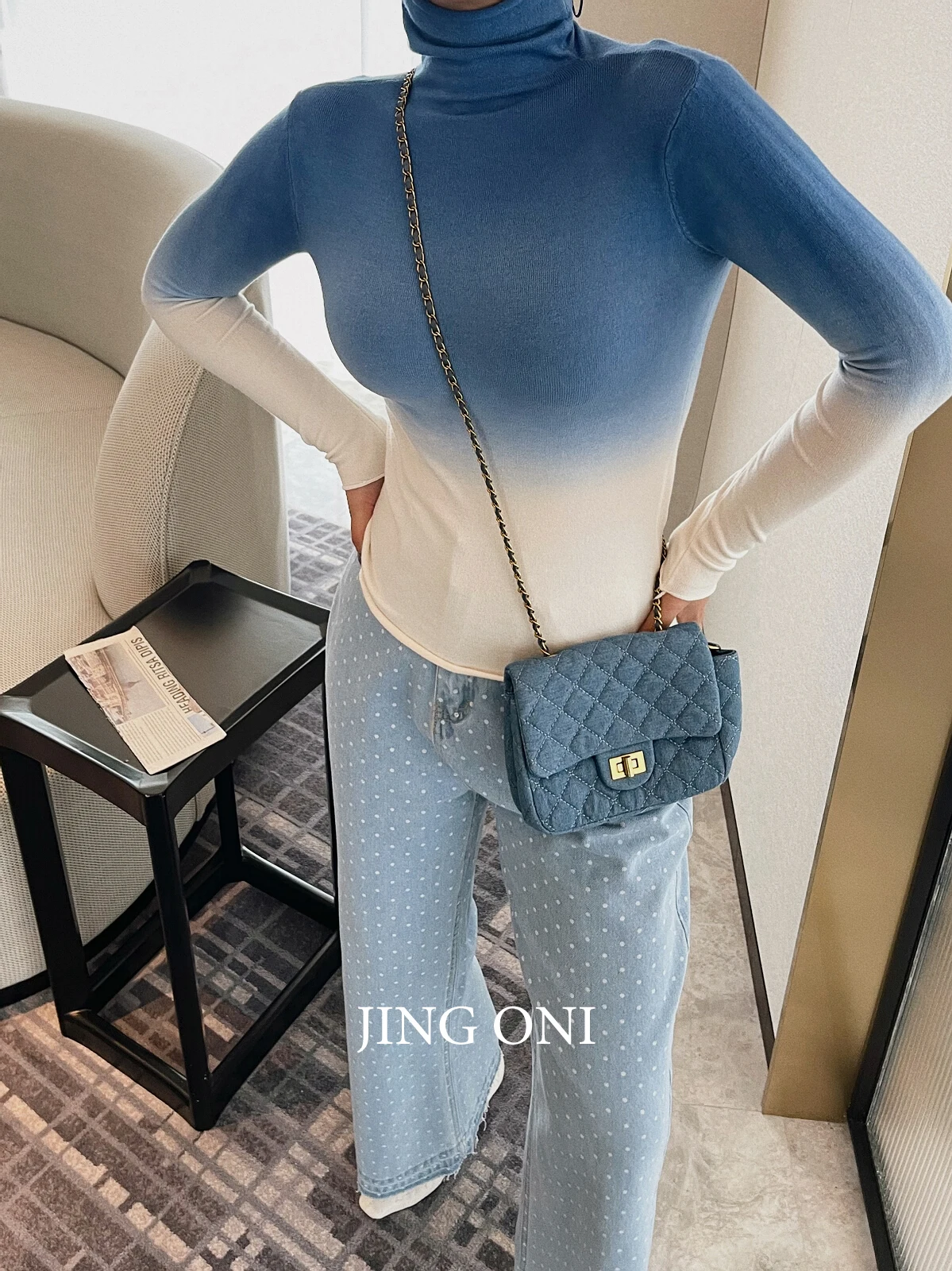 Gradient Sweater Turtleneck Pullover Blouse Woman Clothing 2023 Y2k Korean Style Fashion Vintage Winter Jumper Top Slim Cropped