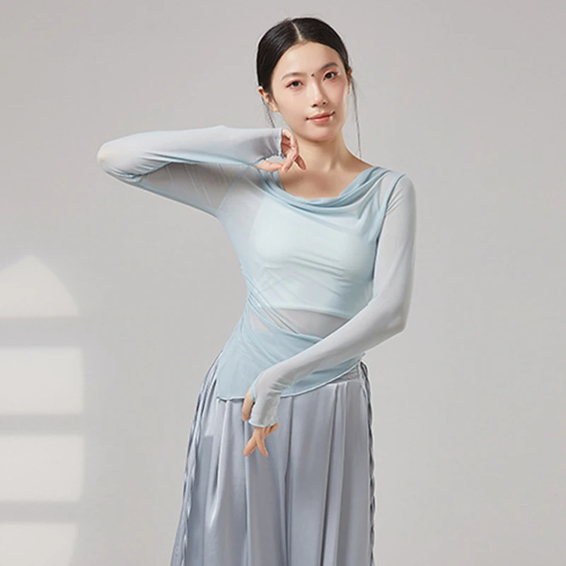 

Dance Top Women Sheer Gauze Mesh Long Sleeve Draped Neck Shirt Asymmetrical Ruched Waist Classical Practice Clothes Saree Blouse