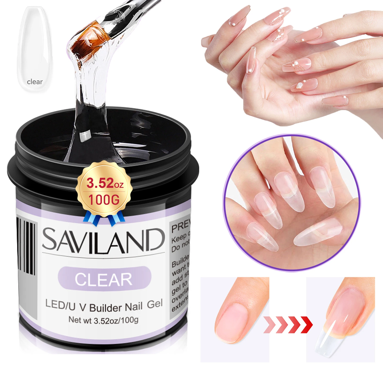 

SAVILAND 100g Clear Nude White Hard Builder Nail Gel LED UV Curing for Nail Extension Strengthening DIY Manicure Kit Home Salon