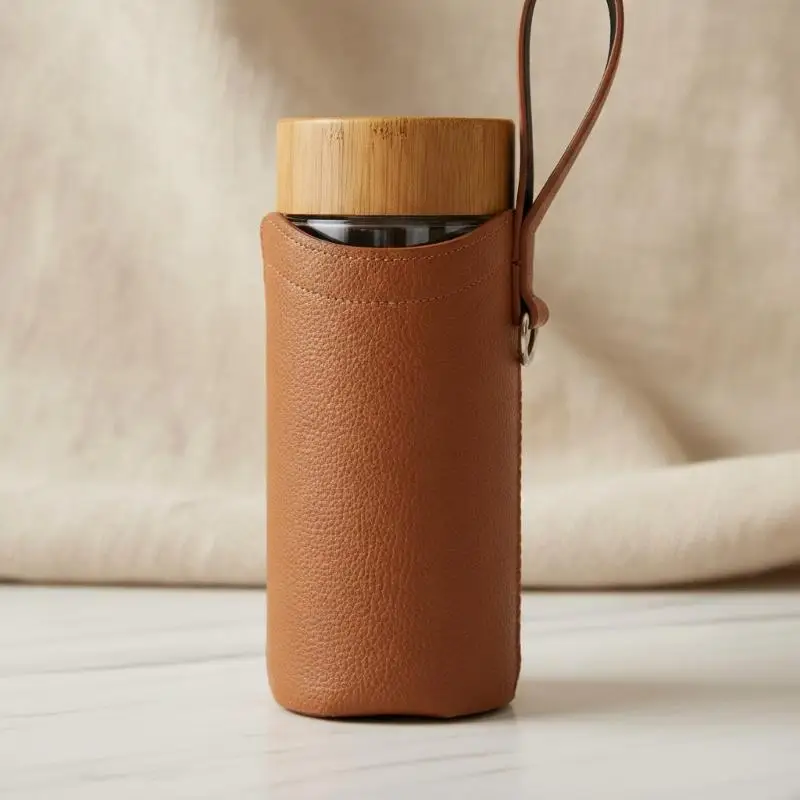 High-End Thickened PU Leather Glass Water Cup Protector Universal Insulated Mug Cover With Hand Strap Elegant Modern Style