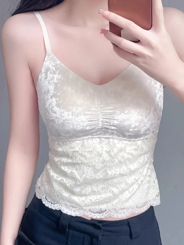 Samt-Spitze-Patchwork-Trägerweste für Damen, neu, 2025, Innenpolster, integriertes, schönes Bawear-Oberteil mit äußerer Brustwickel