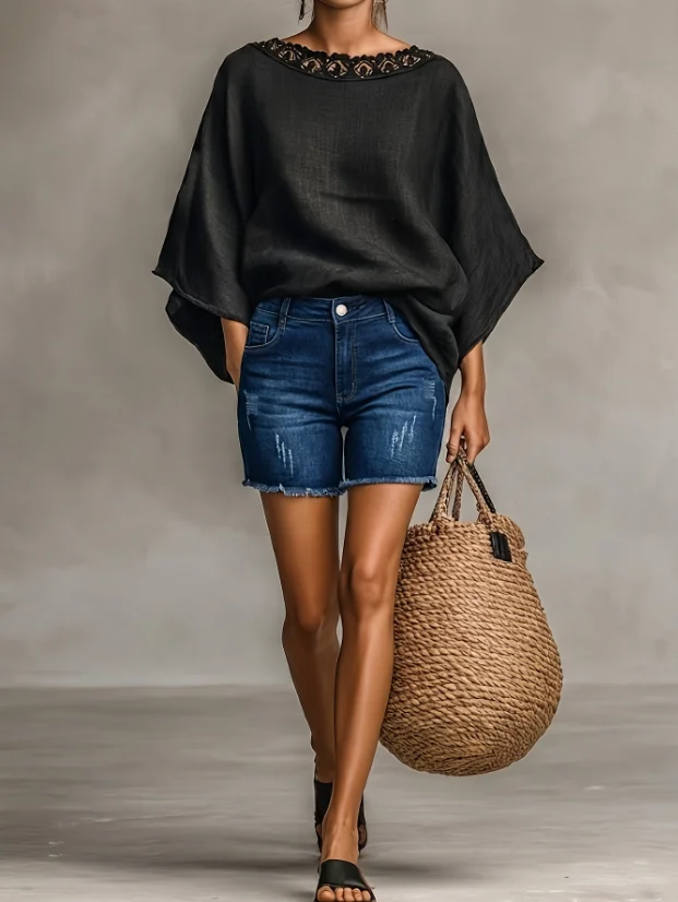 

Dark Blue Slim-Fit Frayed Shorts