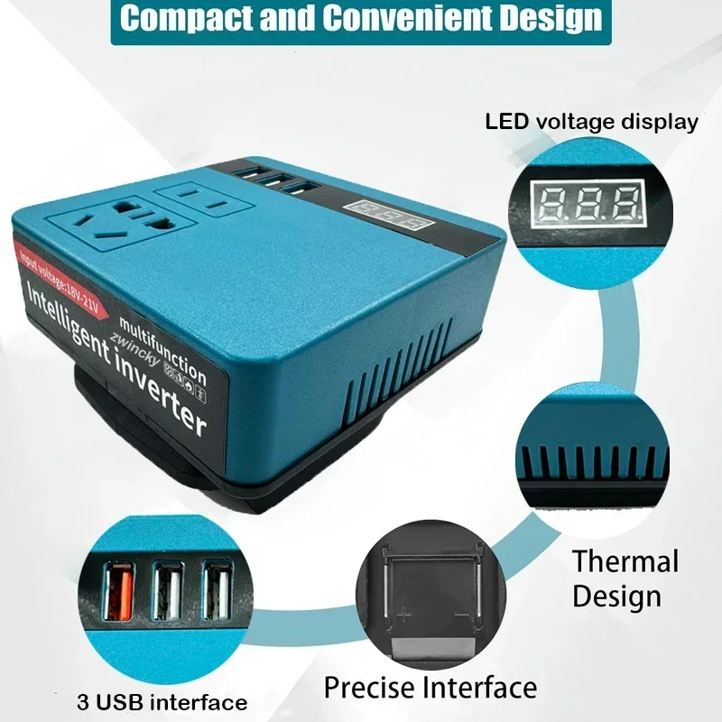 Adaptador de bateria inversora de energia 120W para Makita 18V Li-ion Baterias Plug conversão 220V USB Carga de eletrodomésticos