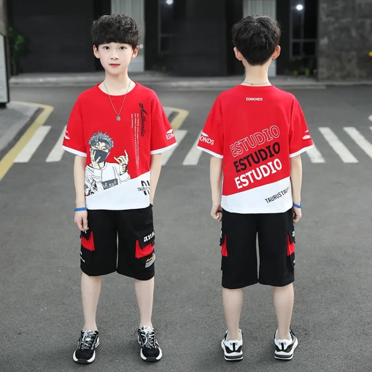 2024 teens Summer Child Clothes Baby teen Boys hip hop portrait loose T-Shirt & Shorts pocket pants 6 8 10 12 14 years