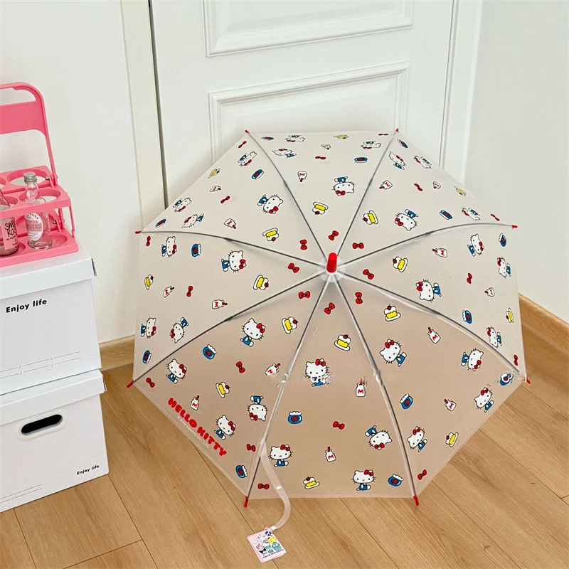 ร่มใสลายการ์ตูนซานริโอ้ เฮลโล คิตตี้ ร่มด้ามยาวแบบด้าน ร่มอัตโนมัติสำหรับนักเรียน ของขวัญสำหรับเด็กผู้หญิง
