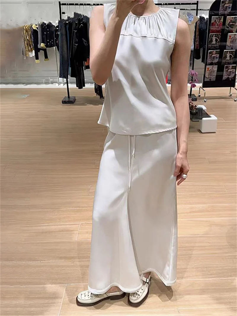 

Women Satin Smooth Set Summer Pleated Round Neck Sleeveless Top or Lace-Up Straight Loose Skirt Temperament Solid Color Suit