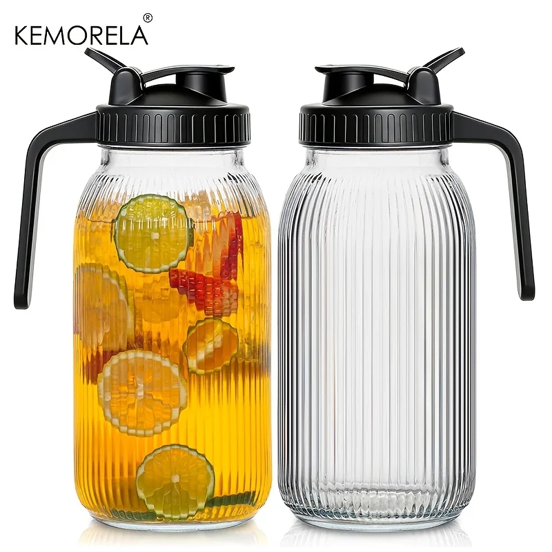 2PCS Glass Mason Jar Pitcher Large Capacity with Pour Spout Lid Wide Mouth Glass Pitcher with Leak-Proof for Coffee Fruit Tea