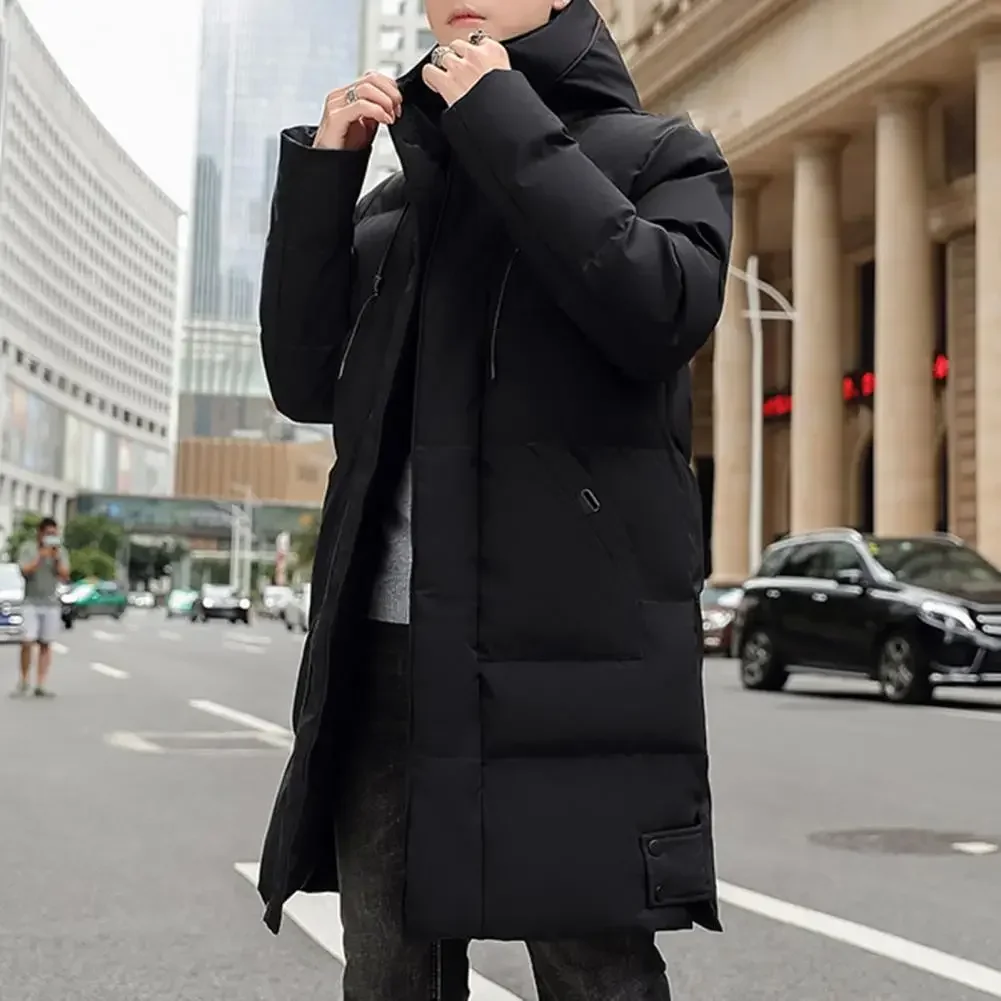 Hooded Winter Down Coat for Men Parkas Thickened Solid Color Padded Cardigan Midi Length Zip Up Men's Coat for Daily Wear