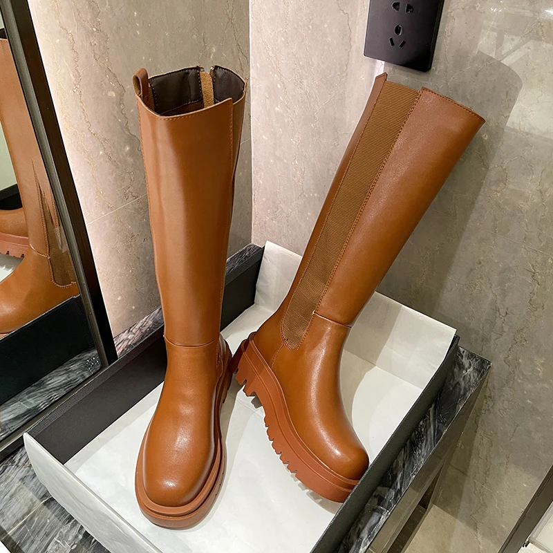 Women Knee High Boots Soft Leather Platform Winter Motorcycle Shoes Woman High Heels Zipper Long Boots Ins Hot Chunky Shoes