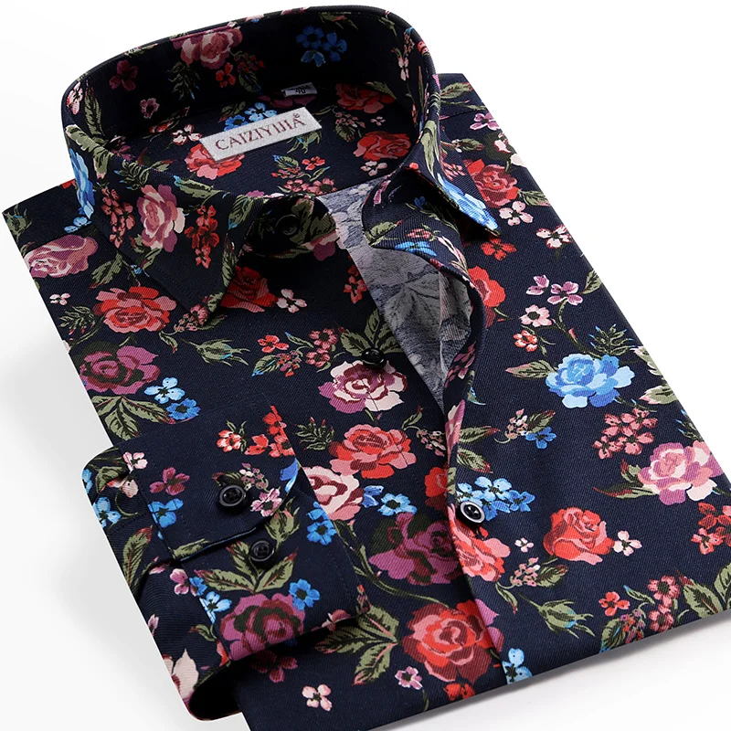 Men\'s Long Sleeve Shirt Leisure Standard-fit Turn-down Collar Shirt Summer Floral Printed Casual Shirts Without Pockets Design