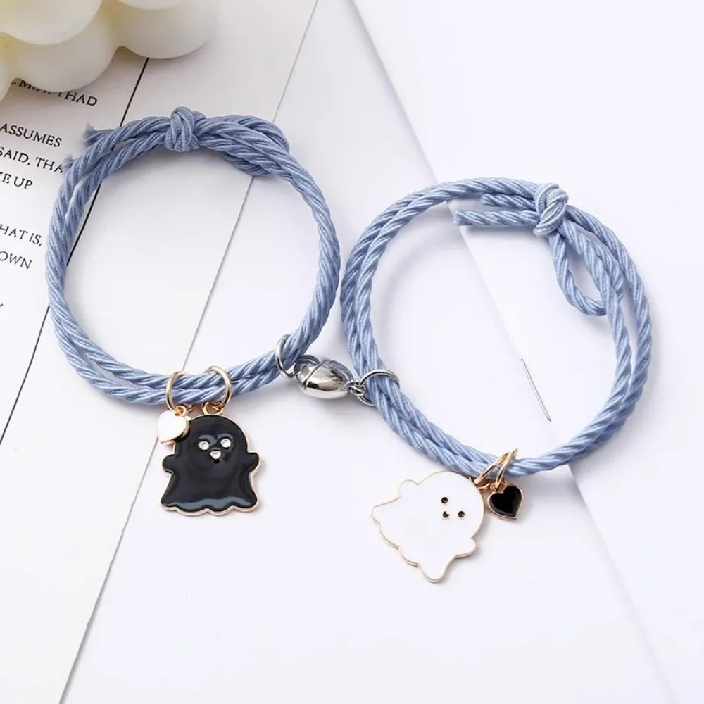 Halloween Cartoon Ghost Magnetic Rope Bracelet Love Heart Magnet Multicolor String Magnetic Bracelet 1 Pair Black White Ghost