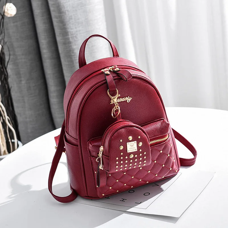 TRAVEASY 2024 Fashion Rivet Mini Backpack Summer Girls School Backpack Korean PU Leather Solid Color Ladies Party Shopping Bags