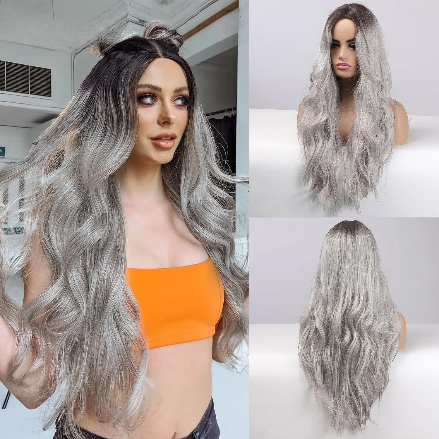 

Long Ombre Black Blonde Wavy Wigs Heat Resistant Fiber Women