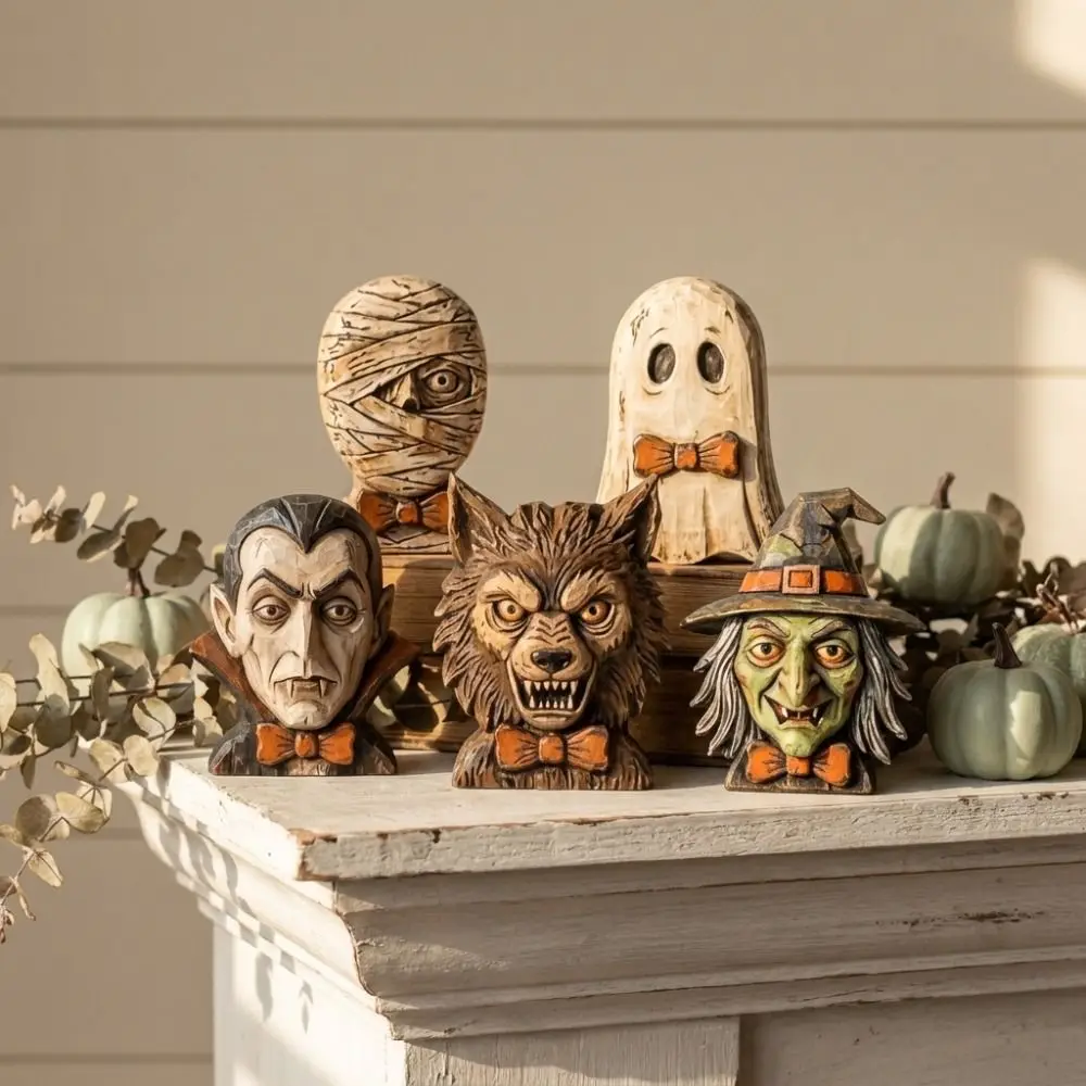 Terrifying Atmosphere Wooden Halloween Ornaments Gothic Spooky Witch Statue Decoration Blood Man 2D Printed Ghost Figurine Home