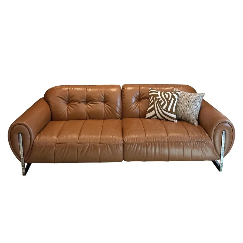 

Sofa living room small apartment straight row black Bauhaus three-person French retro leather sofa