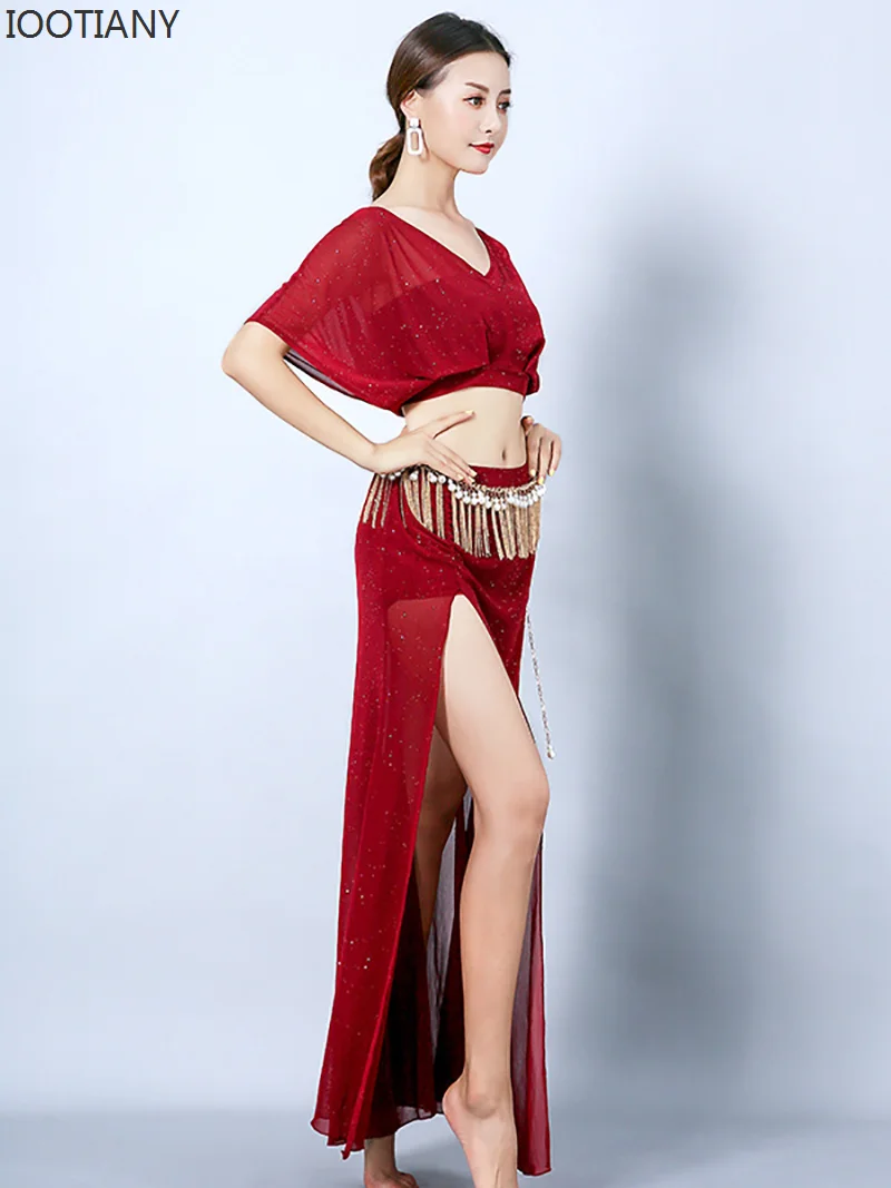 

CosplayV-neck Backless Belly Dancing Costumes Training Suit Performance Sequin Mesh Top Slit Skirts Two Piece Set Adult Women Da