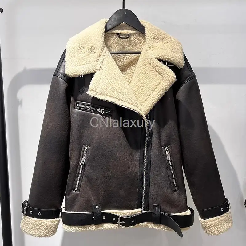 CNlalaxury 2024 Faux Fur Leather Jacket Women Belt Zipper Fleece Thicken Long Loose Jackets Coat Female Moto Biker Lady Outwear