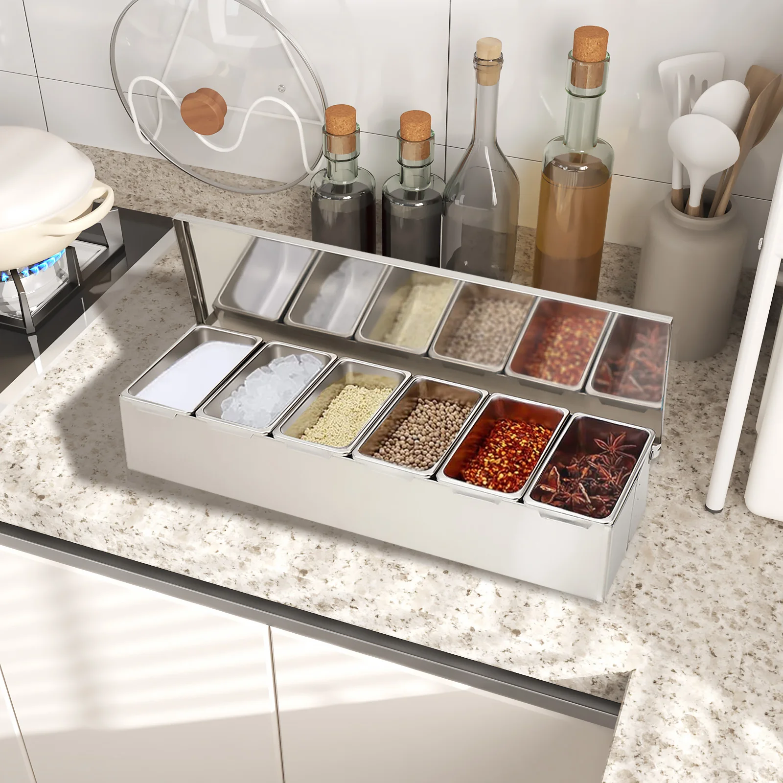 6-teilige Zutatenbox aus Edelstahl für Salz, Zucker, Käse, Soße, Gewürzbox, Pizza, Werkzeug, Snack-Aufbewahrungsbox – Detail 5