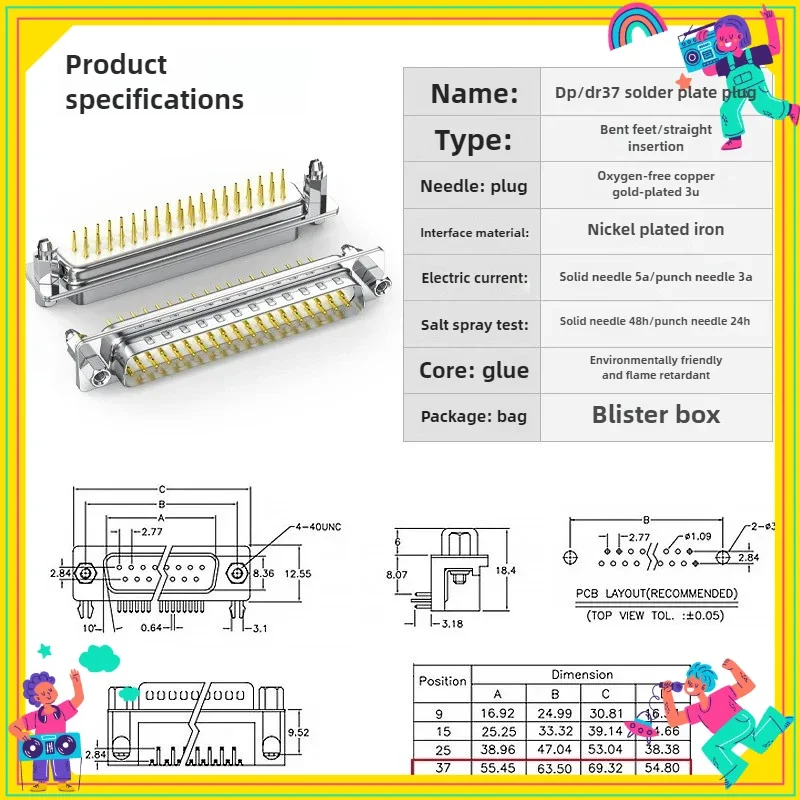 1PCS Solid gold-plated DB37 male and female solder wire ends D-SUB 37pin plug connector I/O interface
